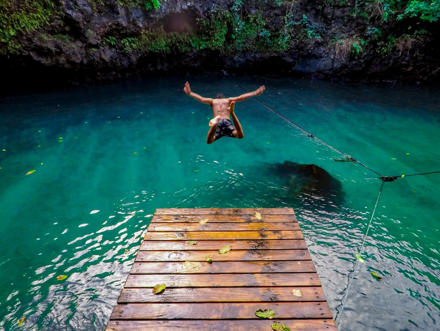 Person jumping into water from a dock
